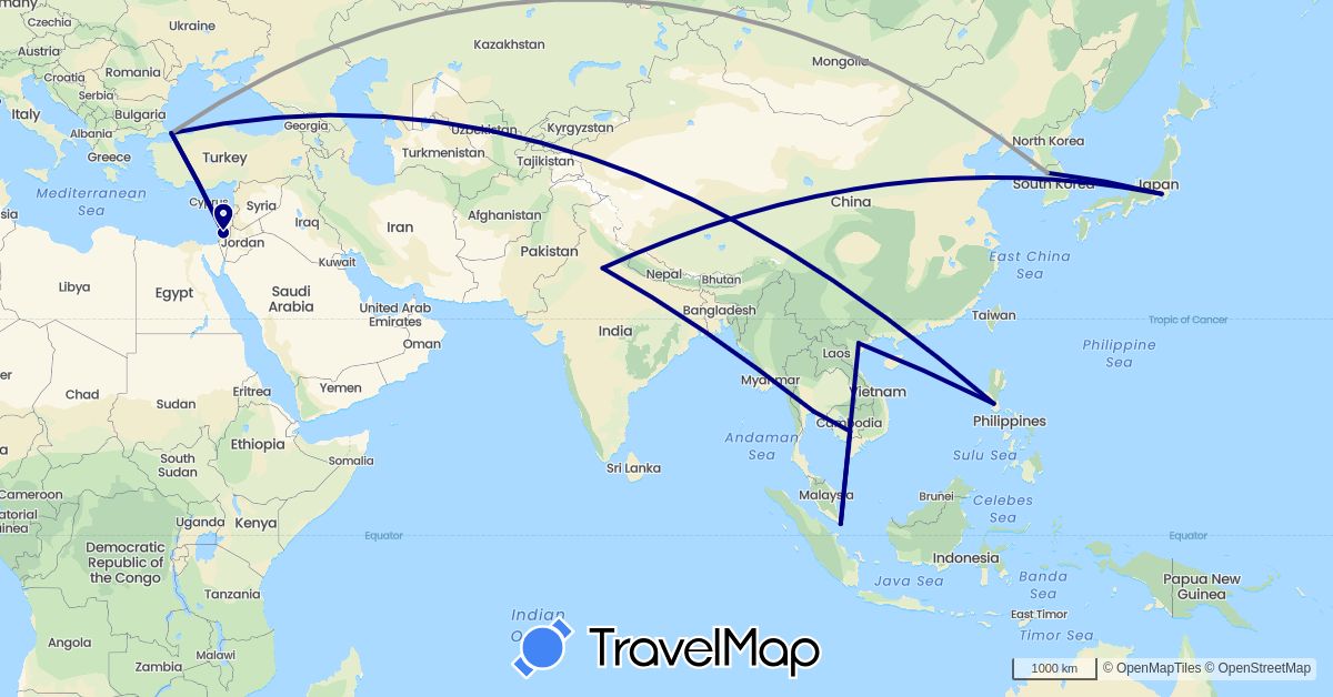 TravelMap itinerary: driving, plane in Israel, India, Japan, Cambodia, South Korea, Philippines, Singapore, Thailand, Turkey, Vietnam (Asia)